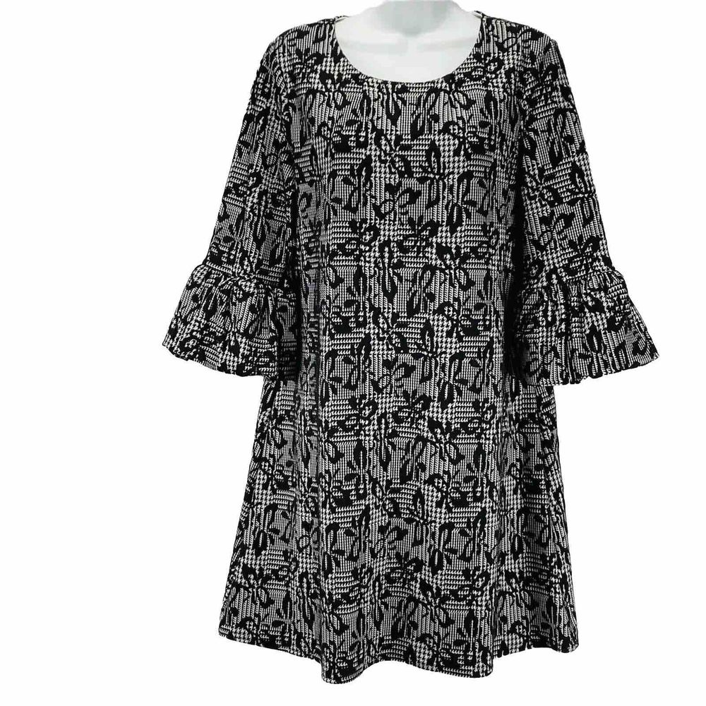 Nina Leonard Women's Size M Black Ivory 3/4 Bell Sleeve Shift Dress